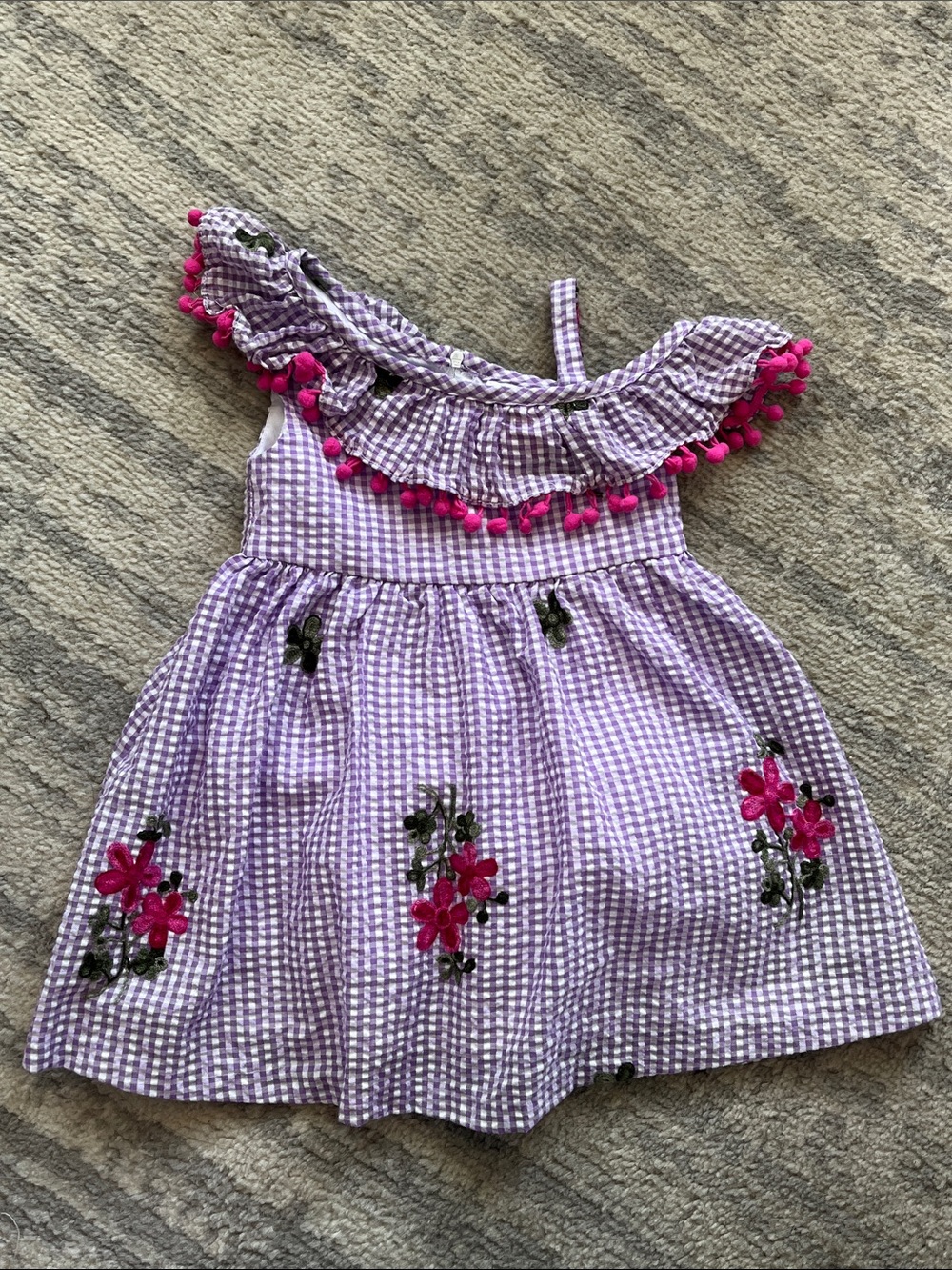 Rare Editions Purple Gingham Off-Shoulder Dress with Pink Pom Trim